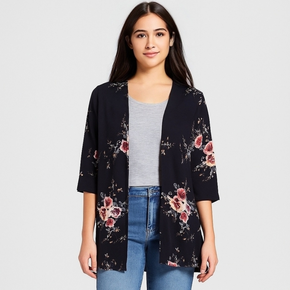 Soho Girl Bkack Floral Kimono Cardigan
